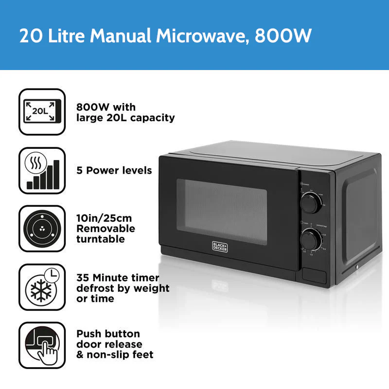 Black+Decker 20L 800W Manual Microwave - Image 3