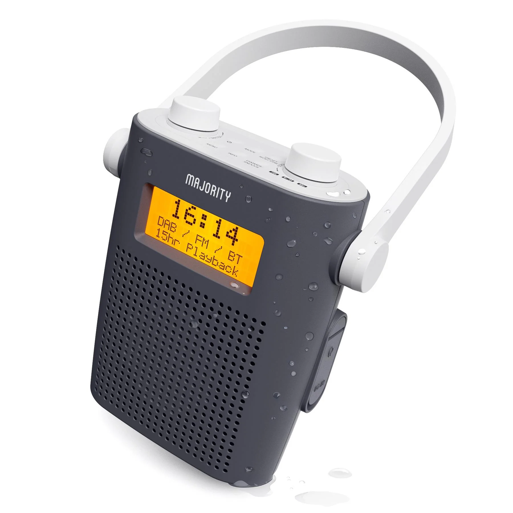 Majority Eversden DAB Water Resistant Portable Shower Radio Bluetooth Mains & Battery Grey
