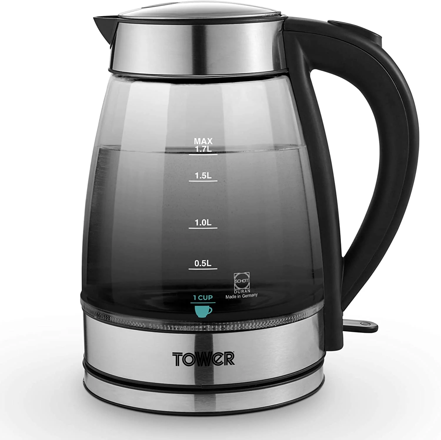 Tower 3KW 1.7L Smoked Glass Kettle in Stainless Steel - Image 2